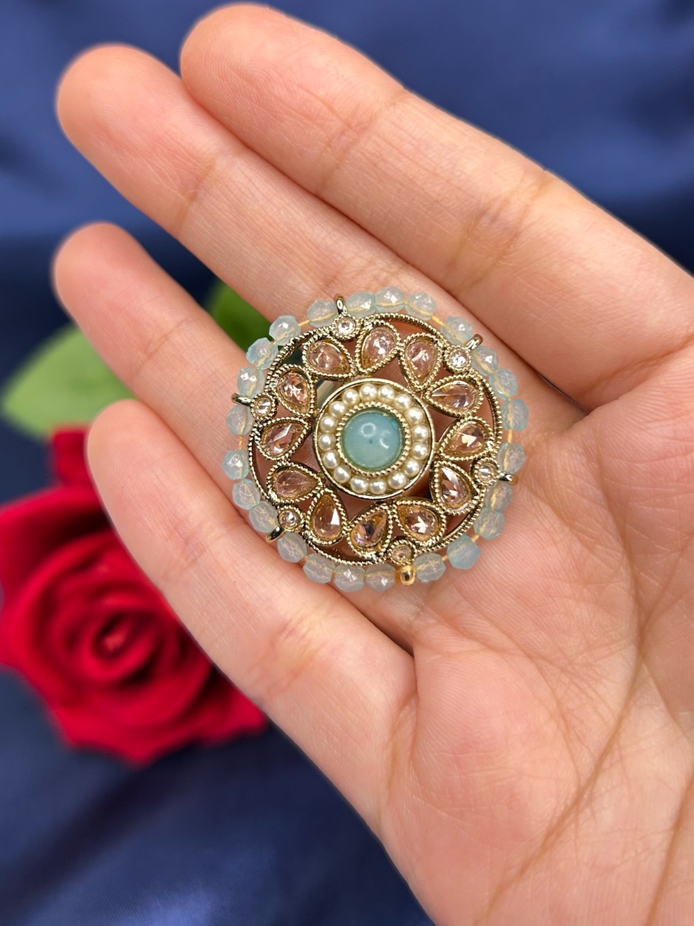 Gold-Tone Sky blue Round Adjustable Statement Ring with Pearl Accents